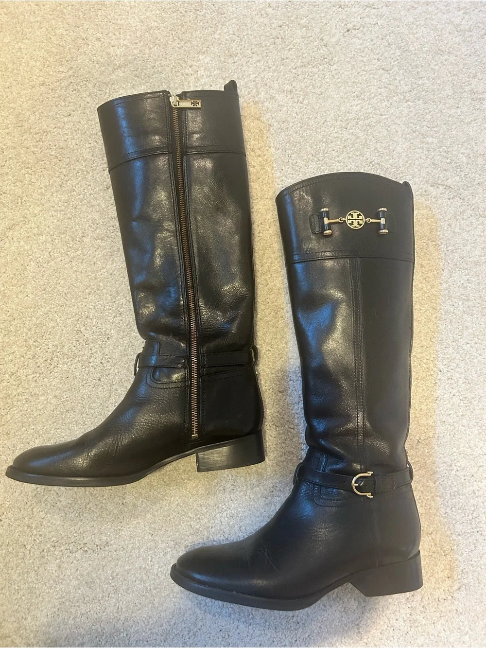 Tory Burch Black Leather Tall Riding Boots with Gold Logo